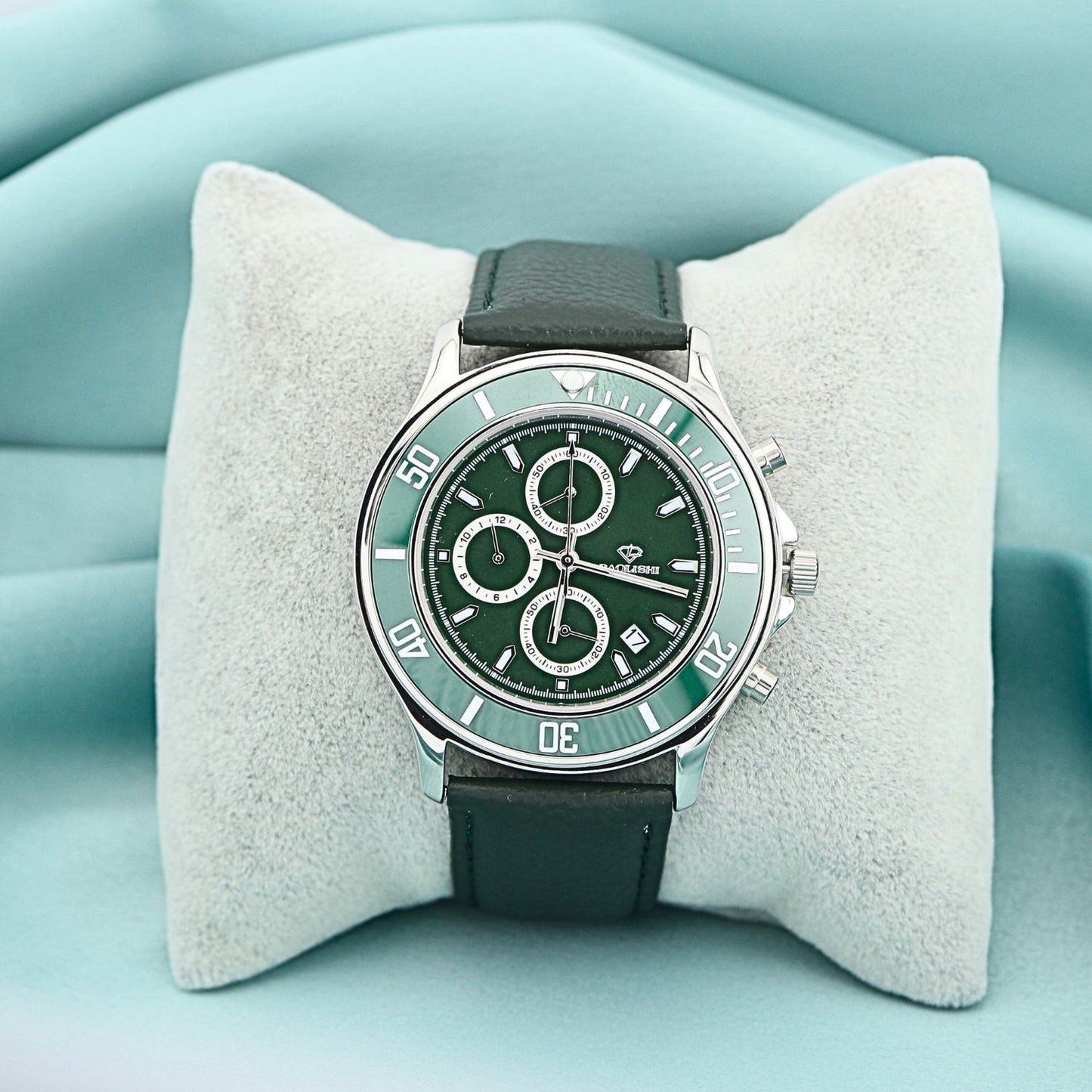 Ceas Argint Barbati Curea din Piele Verde