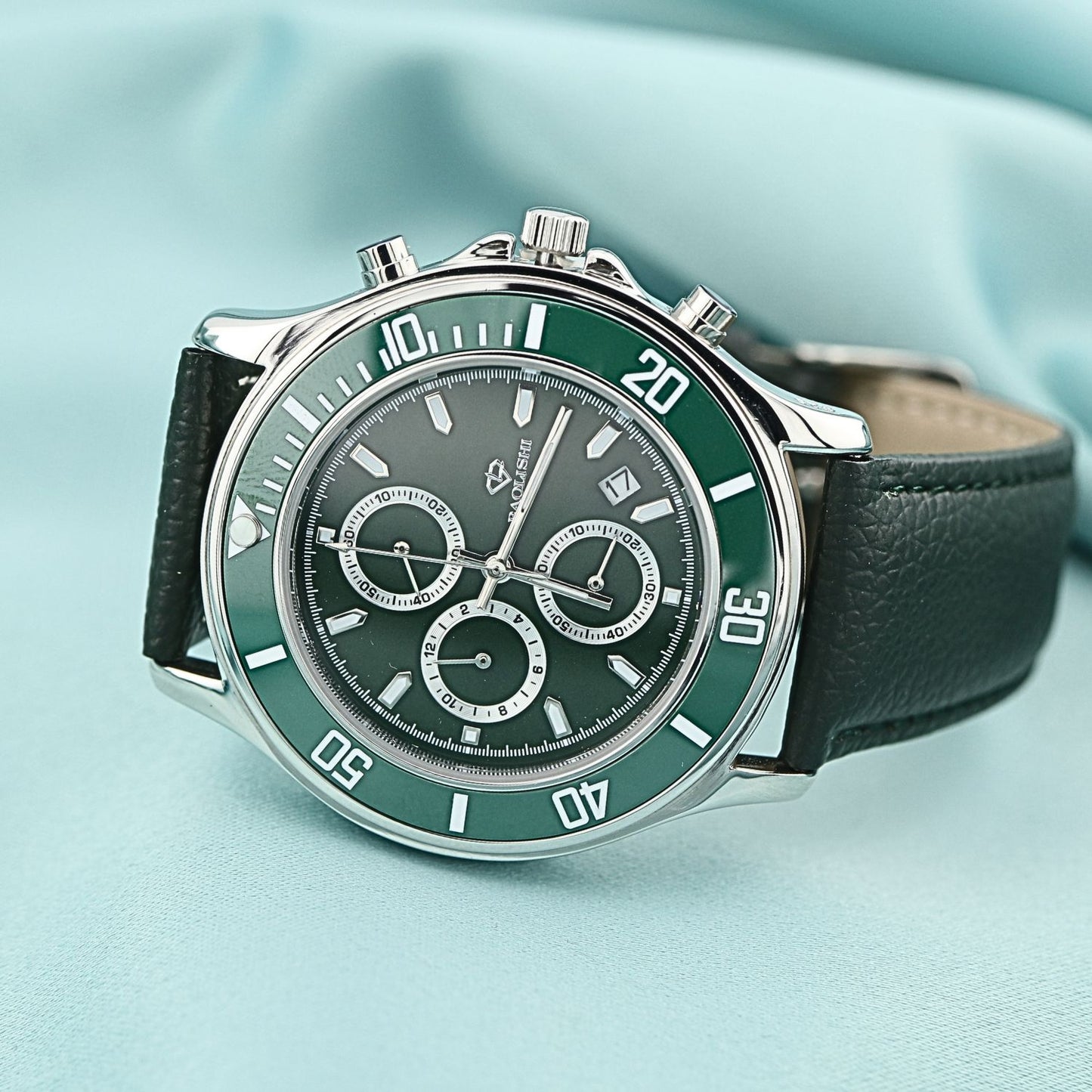 Ceas Argint Barbati Curea din Piele Verde