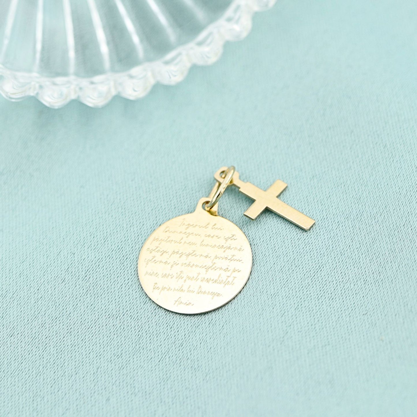 Pandantiv Aur 14k Banut si Cruce cu Rugaciune pentru Protectie - SORELLY