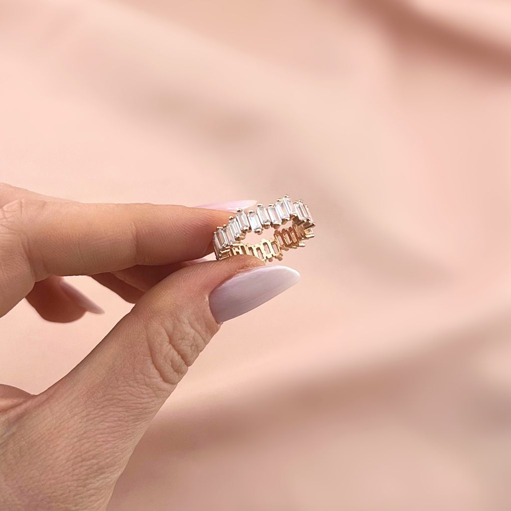 Inel Argint Placat cu Aur Roz Irregular Baguette
