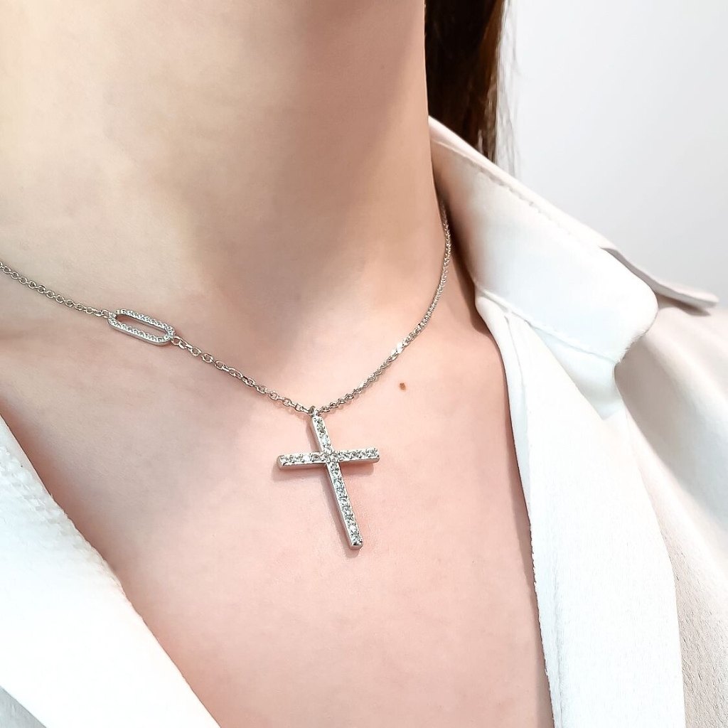 Lant Argint Modern Cross cu Pietre Zirconia