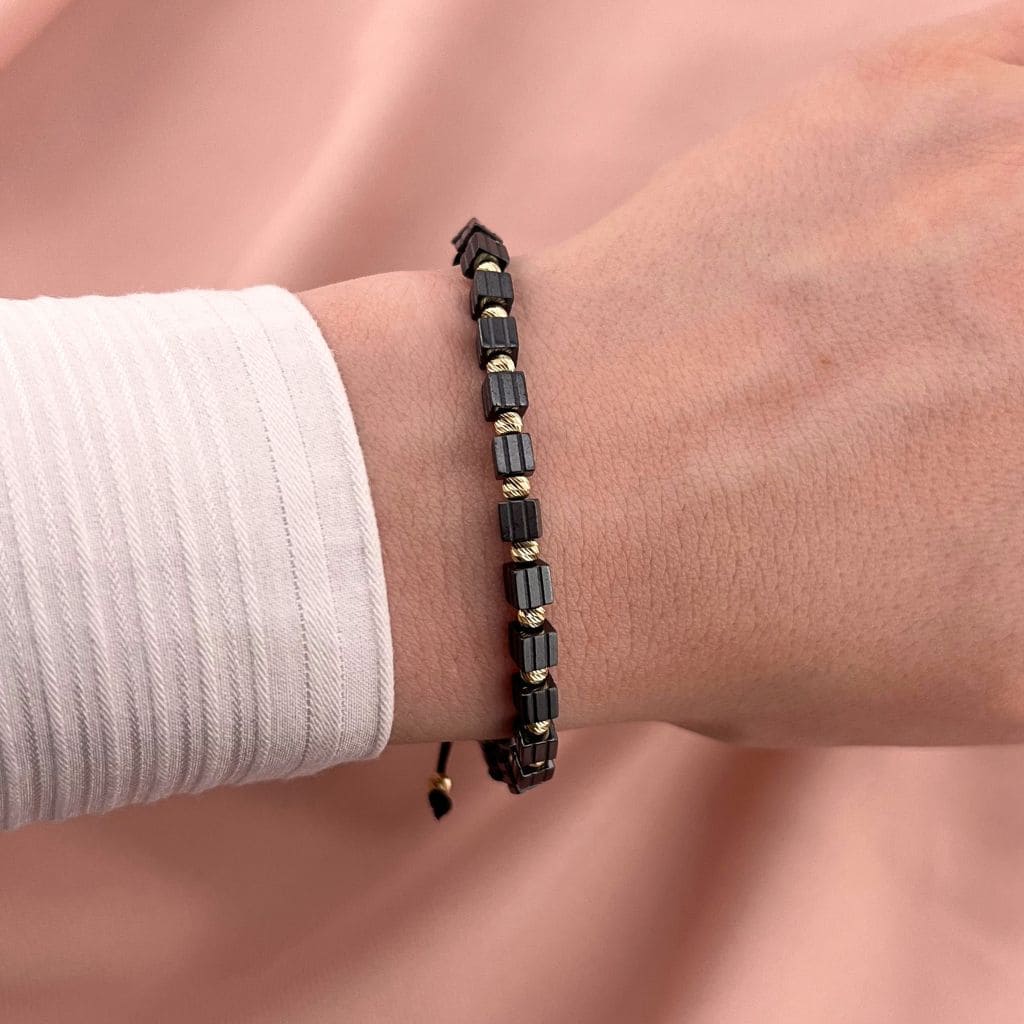Bratara Snur Barbati Bile Aur 14k si Hematit Cubic 4mm