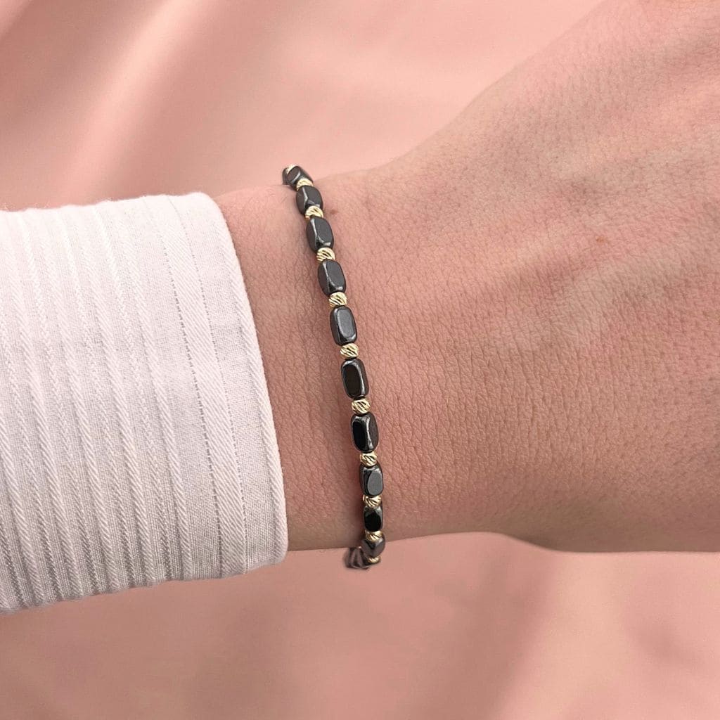 Bratara Snur Gri cu Bile de Aur 14k si Hematit 3mm