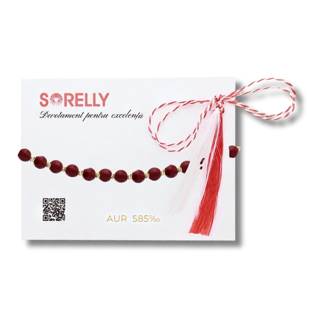 Martisor Bratara Aur 14k Snur cu Bile si Piatra Agat Rosie 5mm