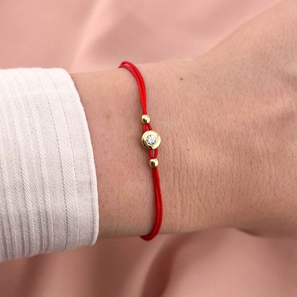 Martisor Bratara Aur 14k Snur Rosu cu Piatra Zirconia Alba