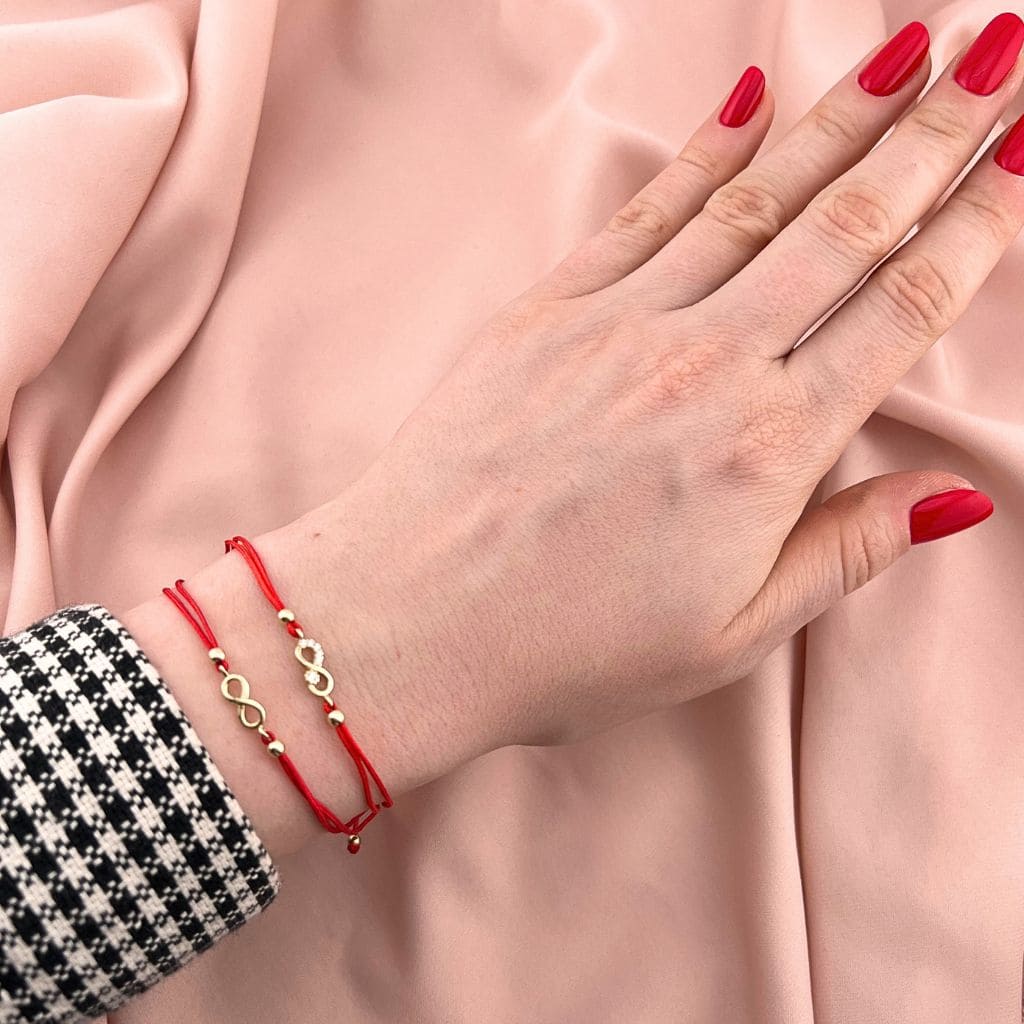 Martisor Bratara Snur Rosu Aur 14k Infinit si Bilute