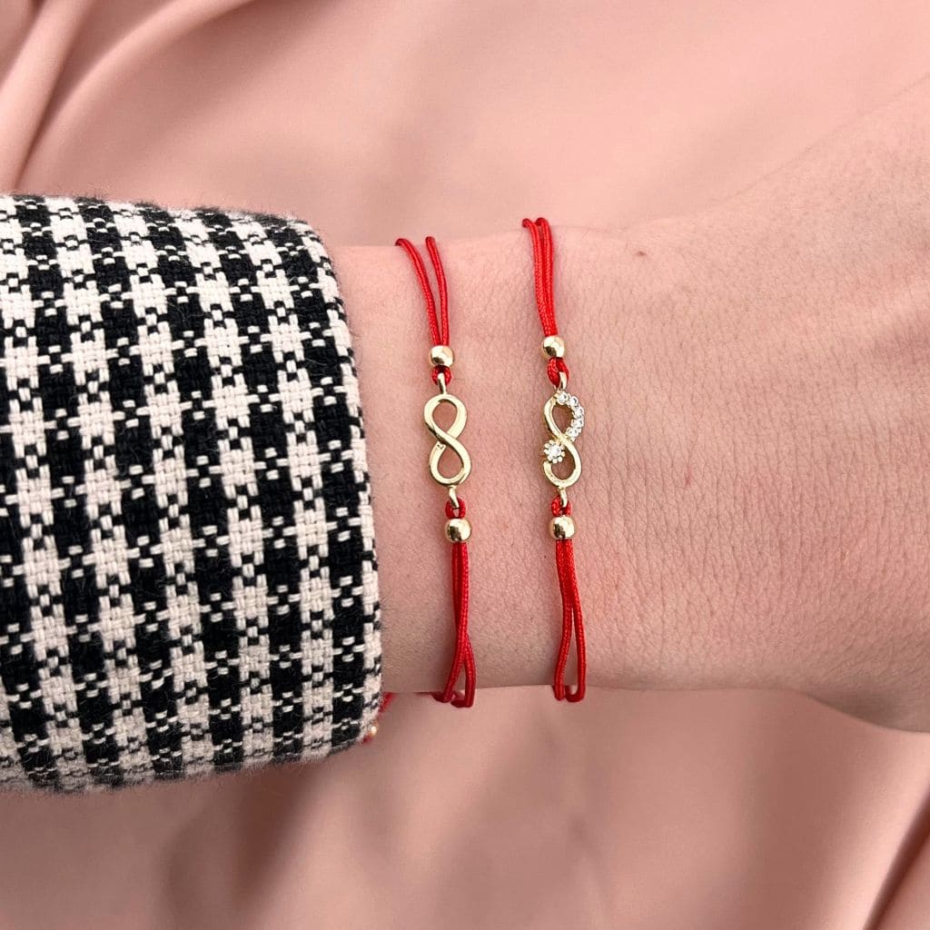 Martisor Bratara Snur Rosu Aur 14k Infinit si Bilute