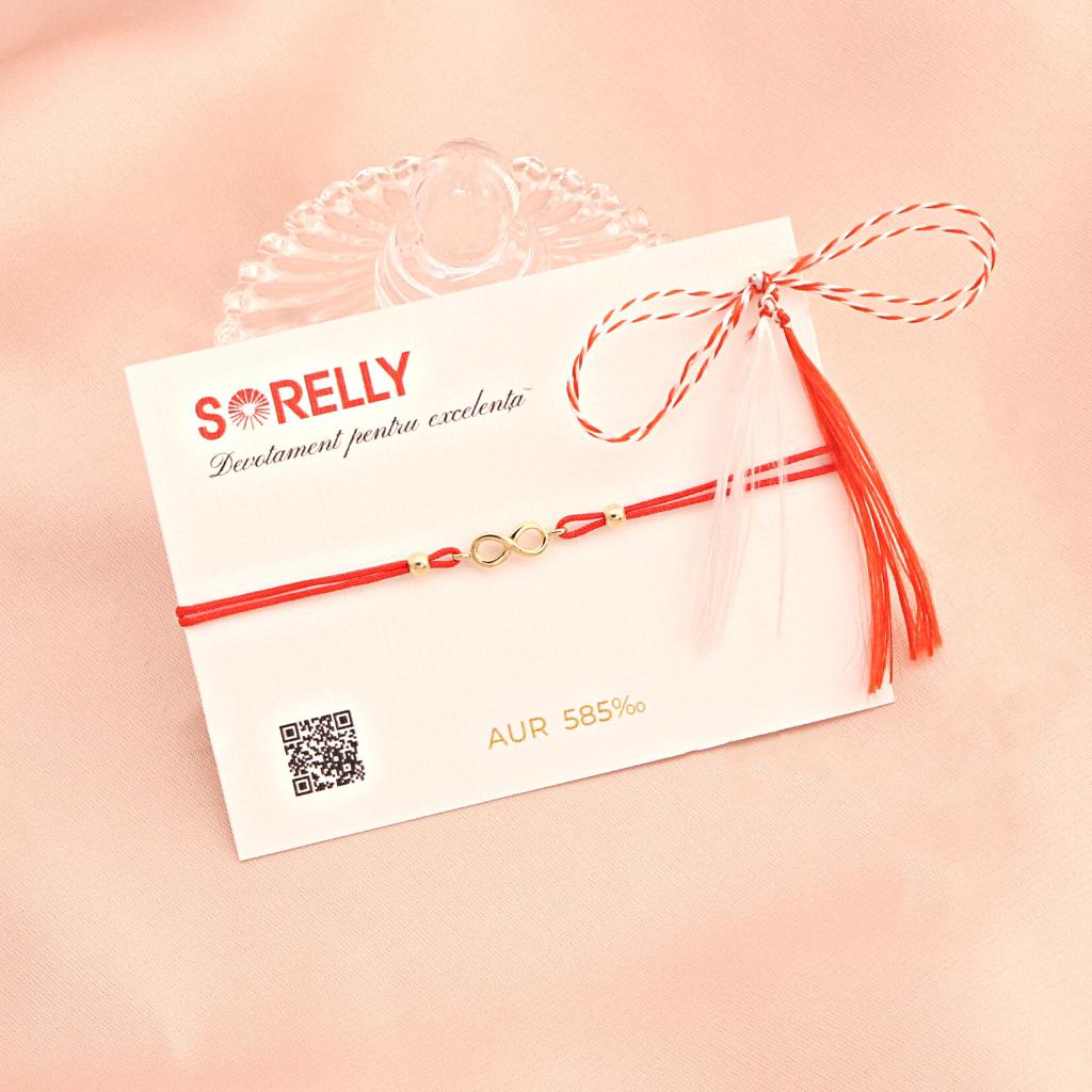 Martisor Bratara Snur Rosu Aur 14k Infinit si Bilute