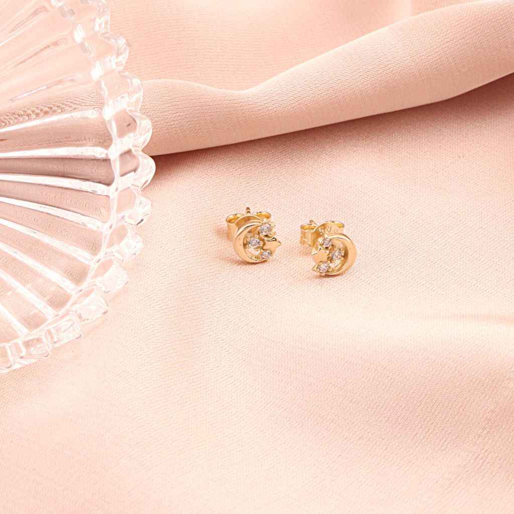 Cercei Aur 14k Semiluna si Stele cu Pietre Zirconia