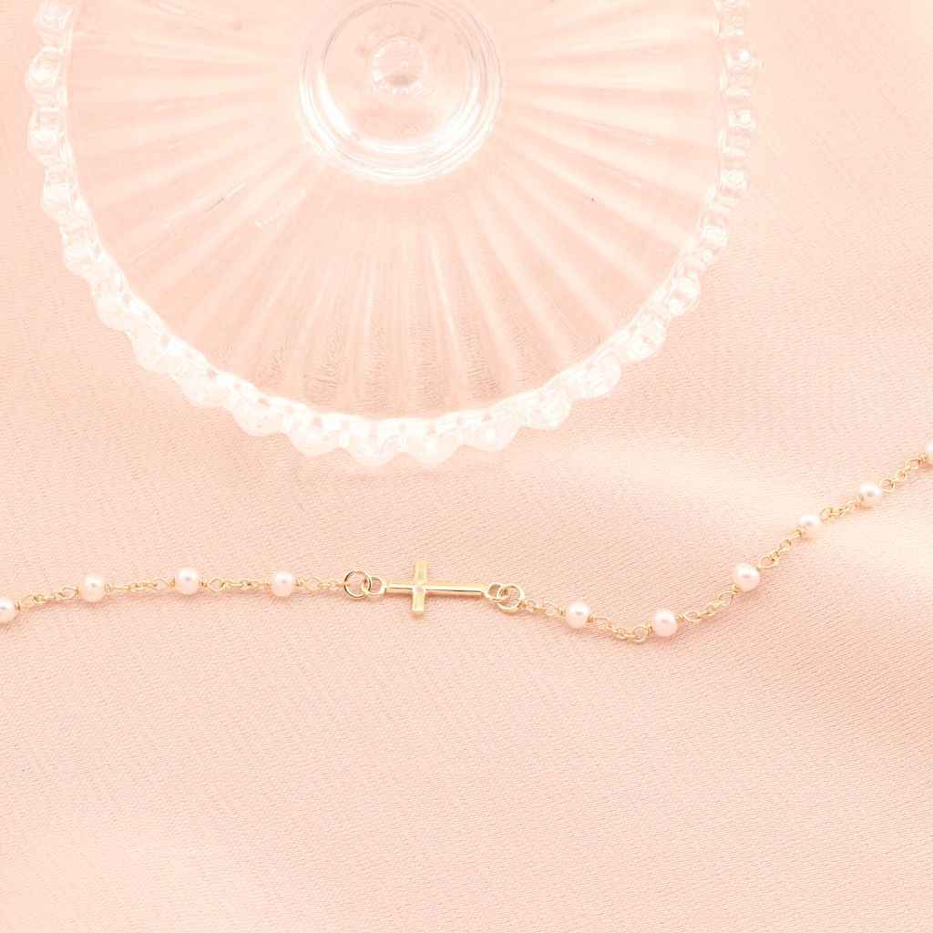 Bratara Aur 14k cu Perle Naturale si Cruce