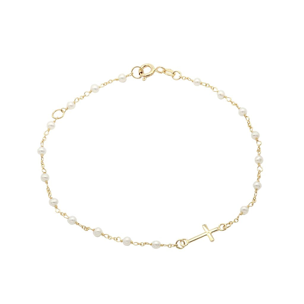 Bratara Aur 14k cu Perle Naturale si Cruce