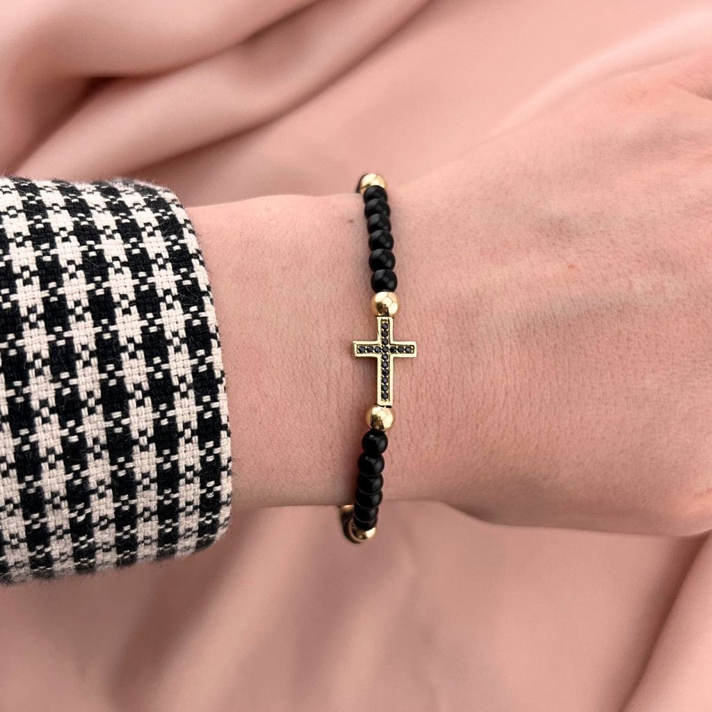 Bratara Aur 14k Unisex Cruce cu Bile si Onix