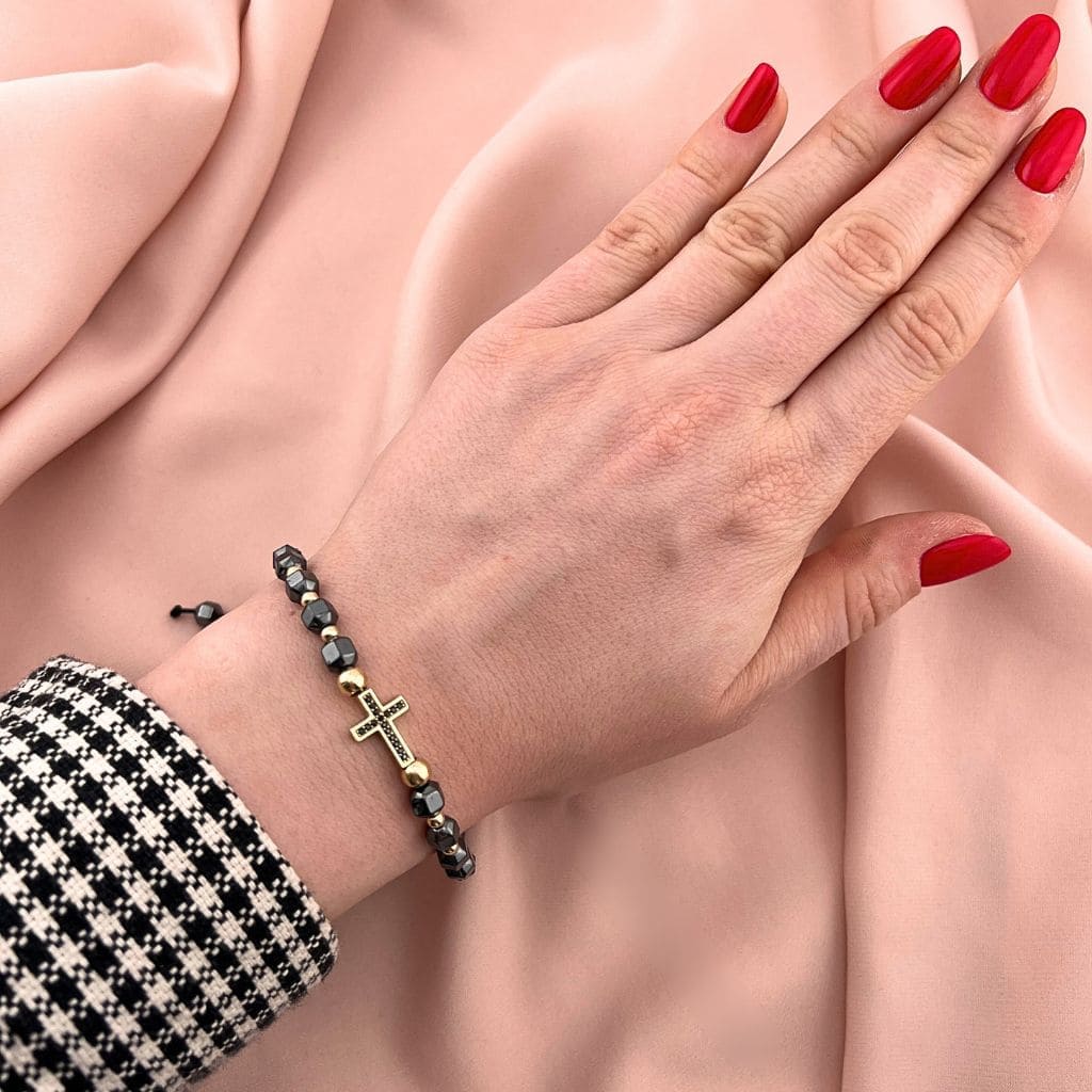 Bratara Snur Aur 14k Cruce cu Hematit Fatetat 6 mm