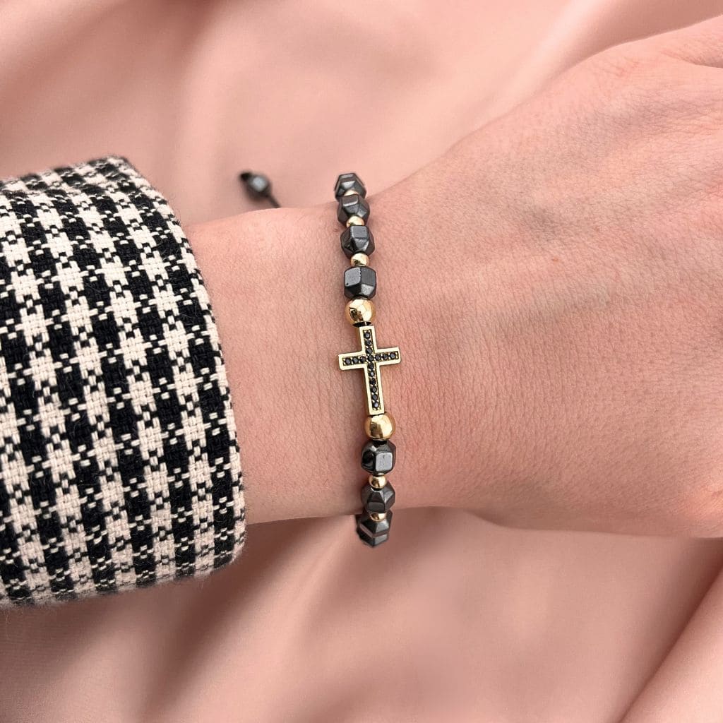 Bratara Snur Aur 14k Cruce cu Hematit Fatetat 6 mm