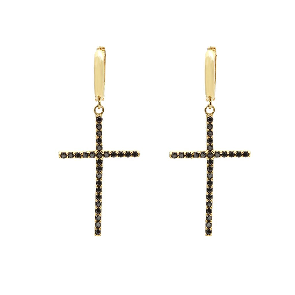 Cercei Aur 14k Cruce cu Pietre Zirconia Negre