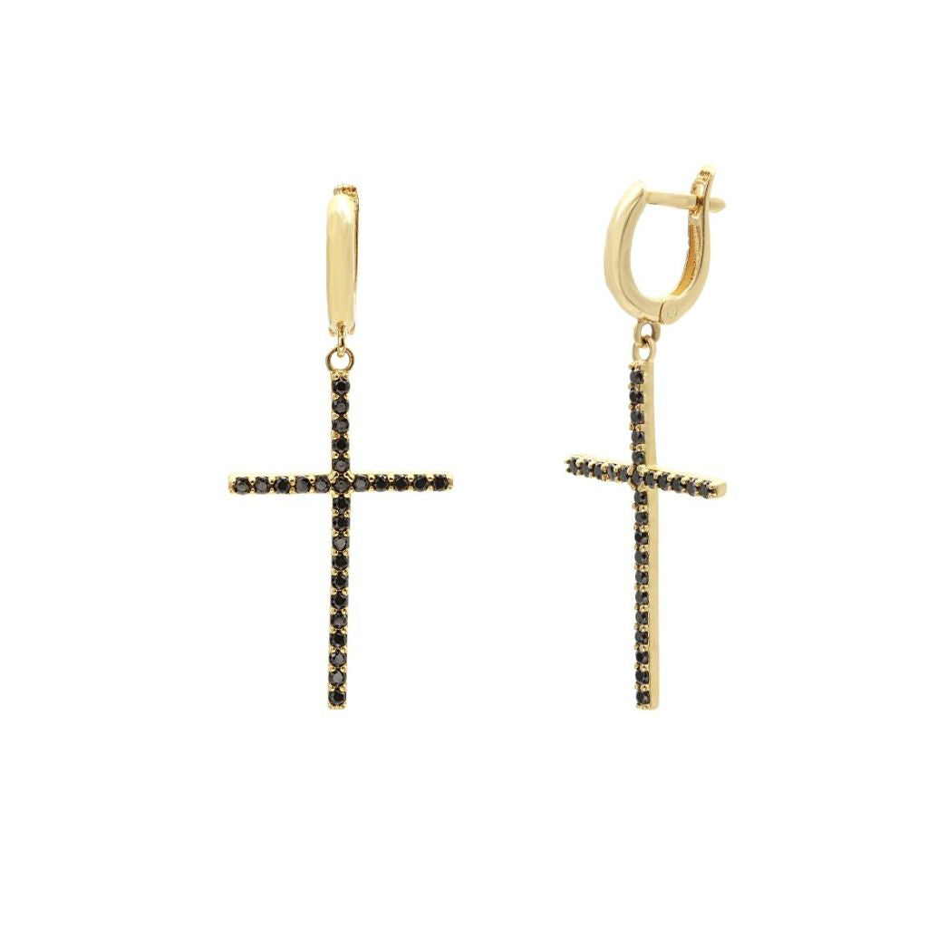 Cercei Aur 14k Cruce cu Pietre Zirconia Negre