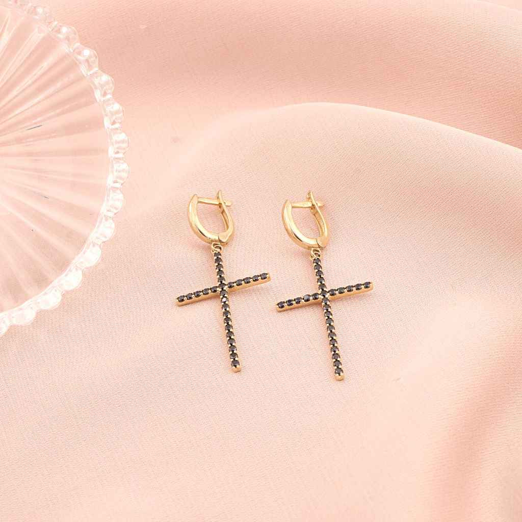Cercei Aur 14k Cruce cu Pietre Zirconia Negre