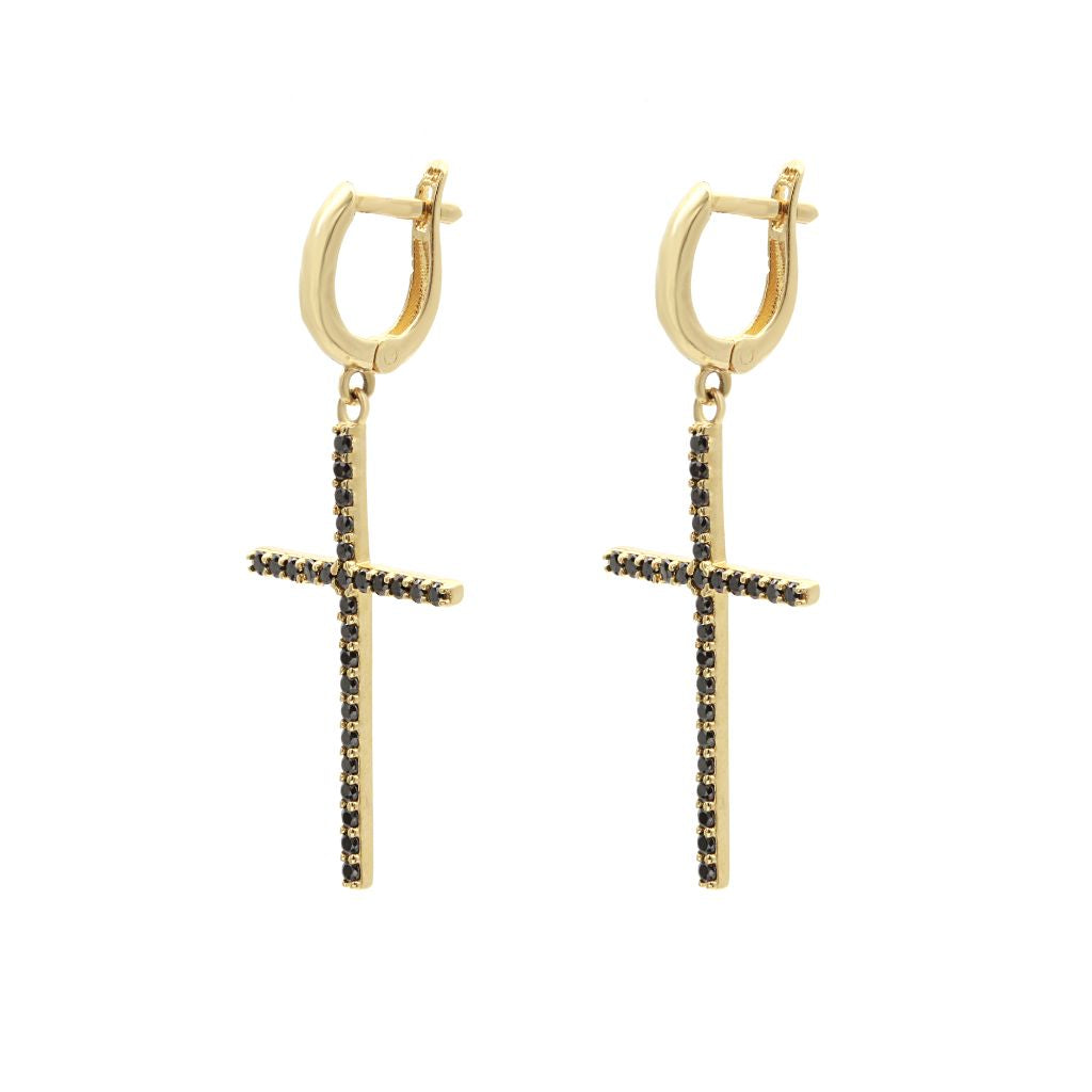 Cercei Aur 14k Cruce cu Pietre Zirconia Negre