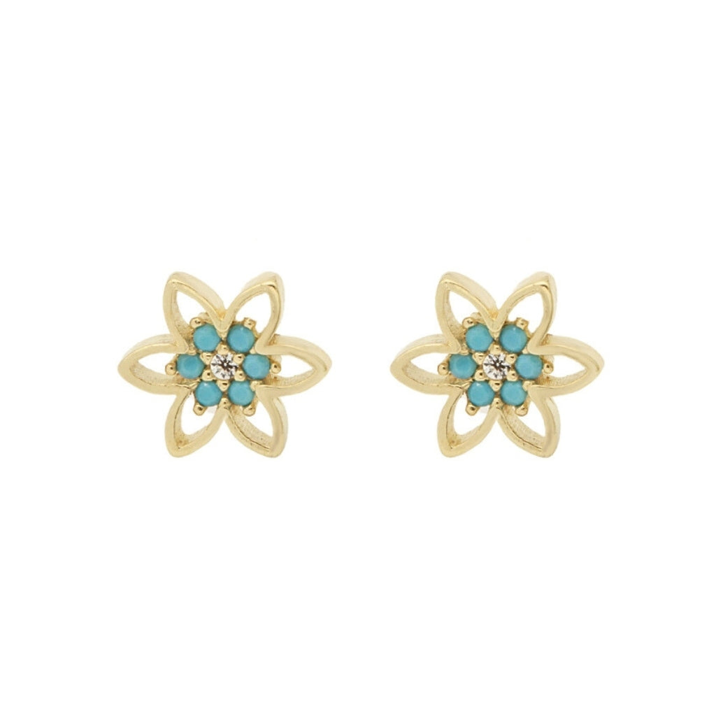 Cercei Aur 14k Floare cu Pietre Turcoaz