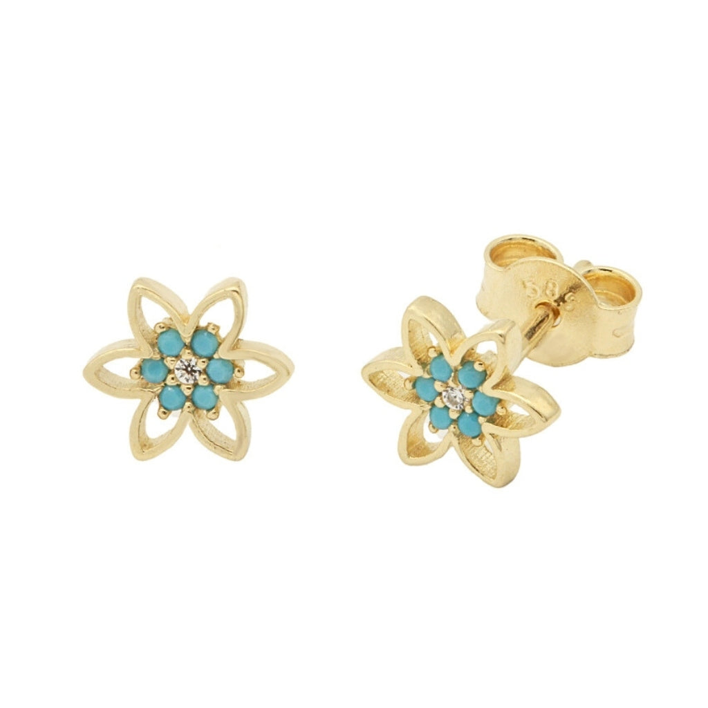 Cercei Aur 14k Floare cu Pietre Turcoaz