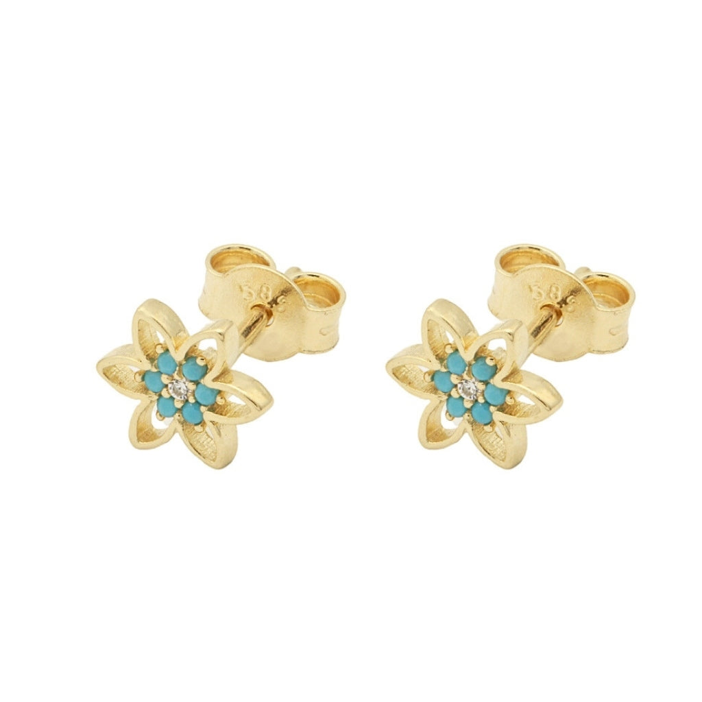 Cercei Aur 14k Floare cu Pietre Turcoaz