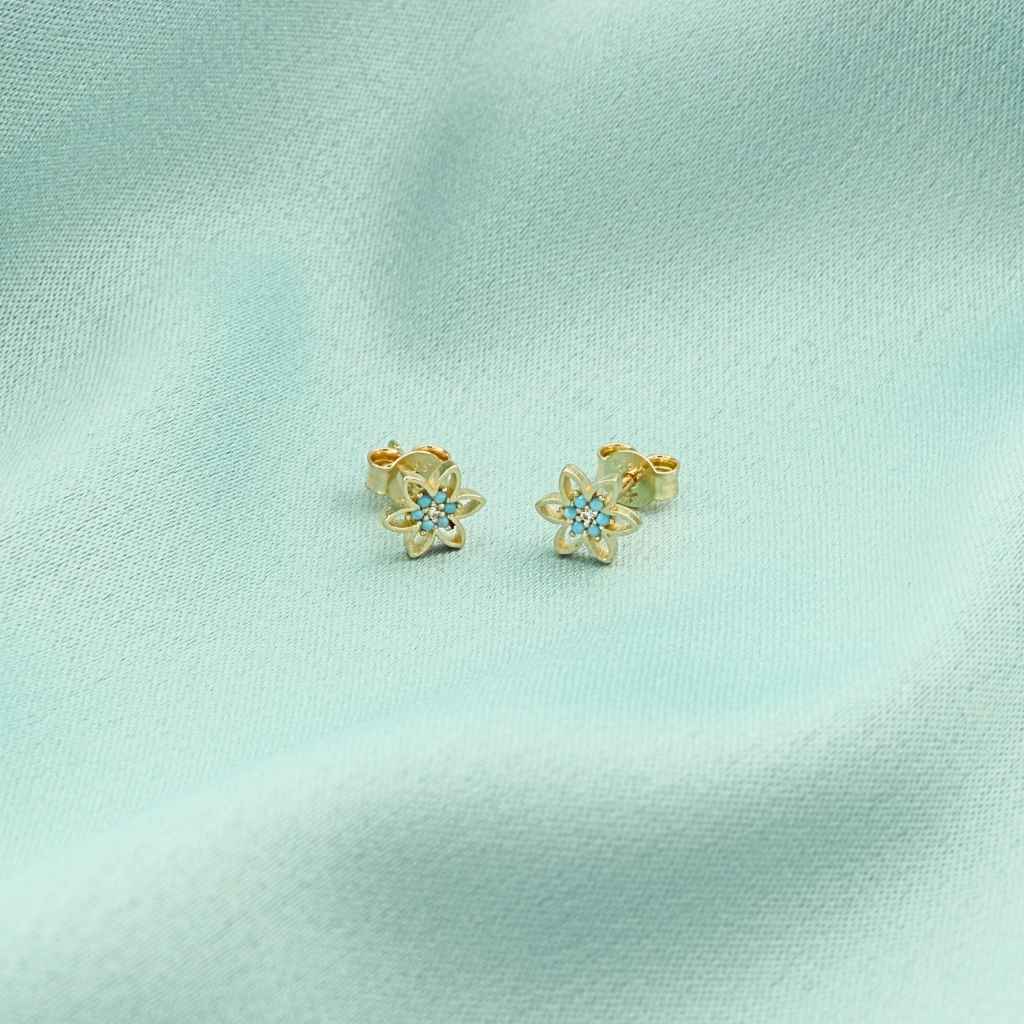 Cercei Aur 14k Floare cu Pietre Turcoaz