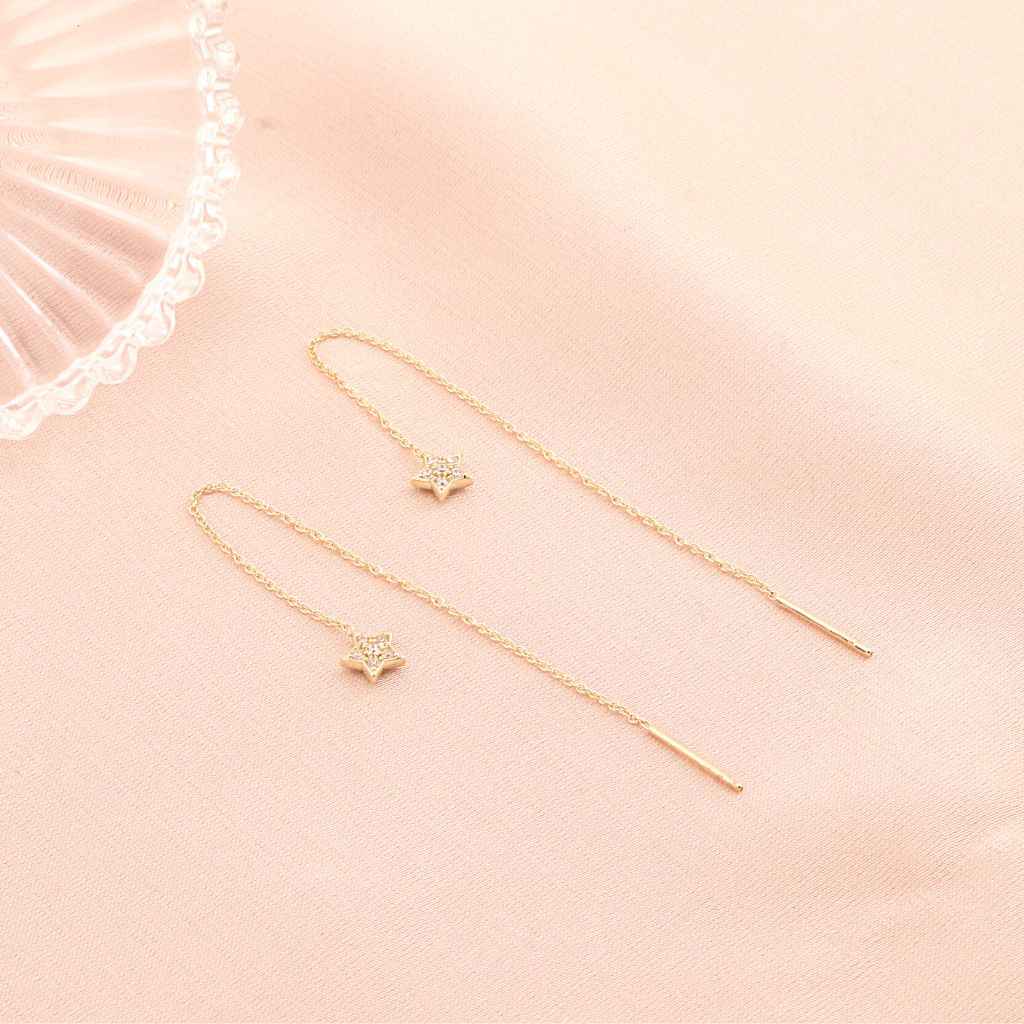 Cercei Fir Lungi Aur 14k Stea cu Piatra Zirconia