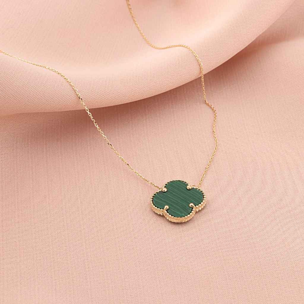 Lant Aur 14k Floare cu Malachit 1.5cm