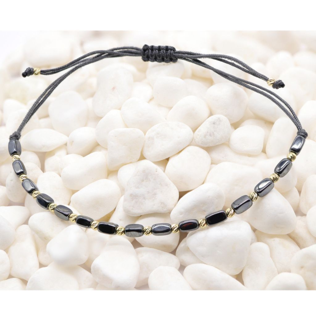 Bratara Snur Gri cu Bile de Aur 14k si Hematit 3mm