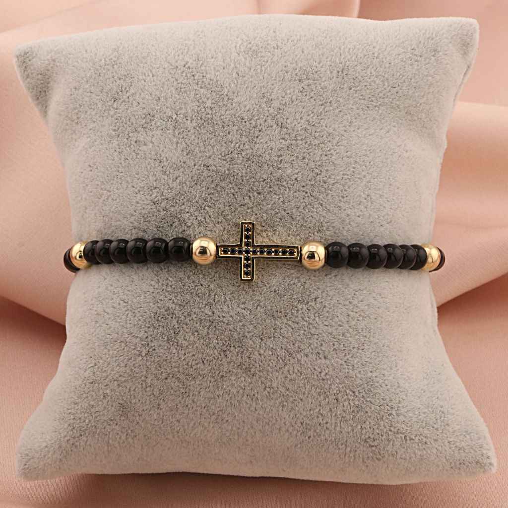 Bratara Aur 14k Unisex Cruce cu Bile si Onix