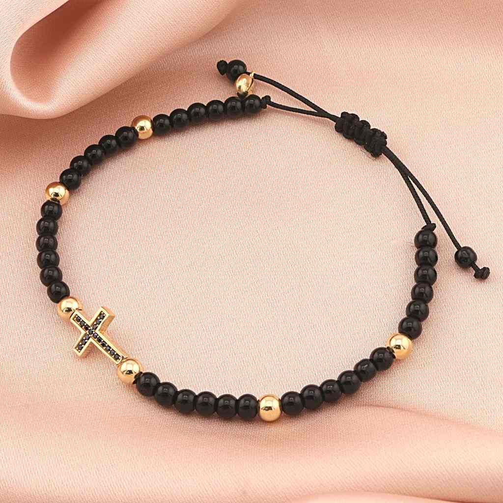Bratara Aur 14k Unisex Cruce cu Bile si Onix