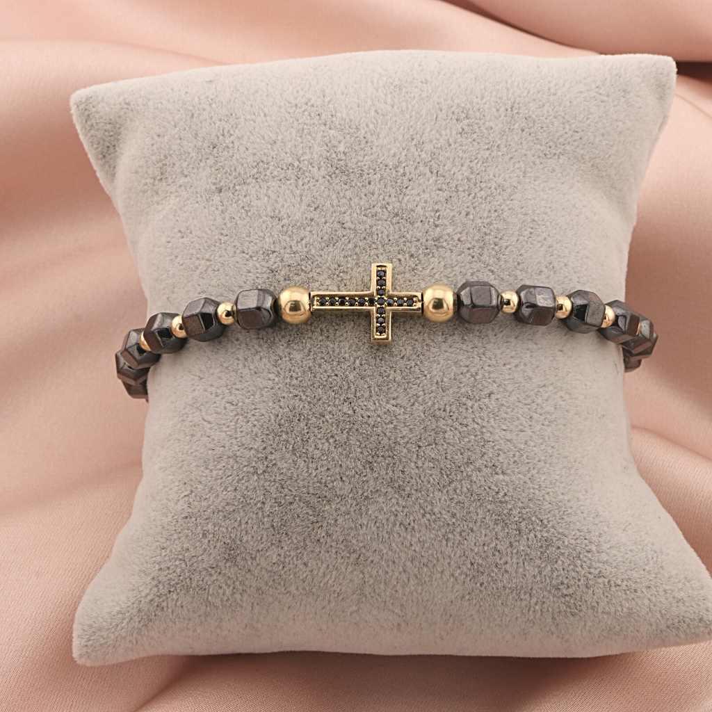 Bratara Snur Aur 14k Cruce cu Hematit Fatetat 6 mm