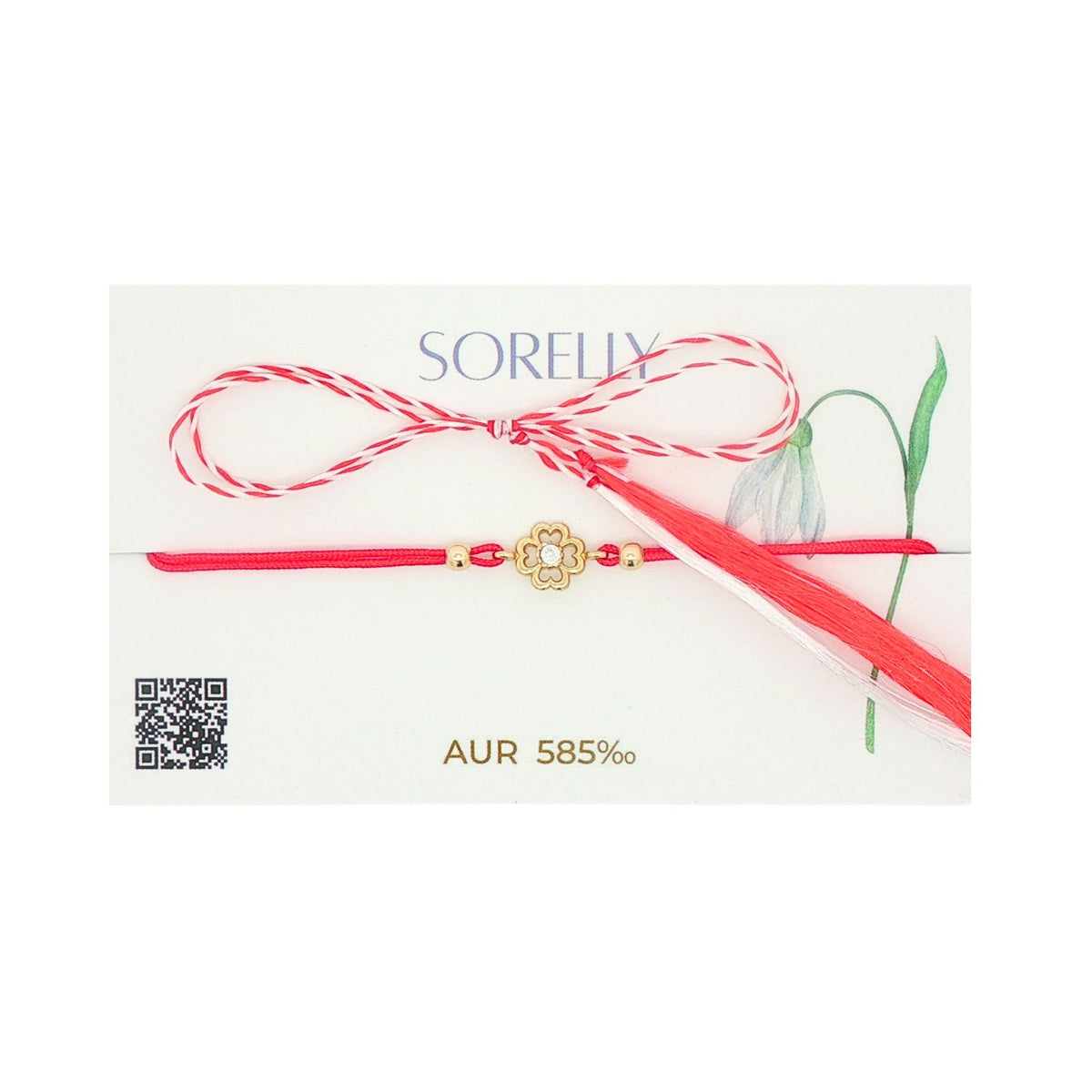 Martisor Bratara Aur 14k Snur Rosu Trifoi cu Piatra Zirconia