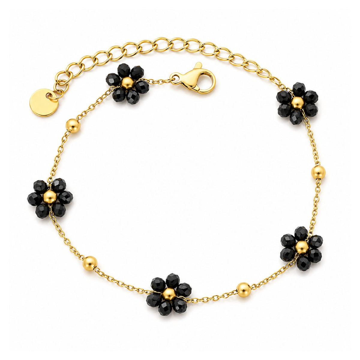 Bratara Placata cu Aur 14k Flori cu Cristale Negre