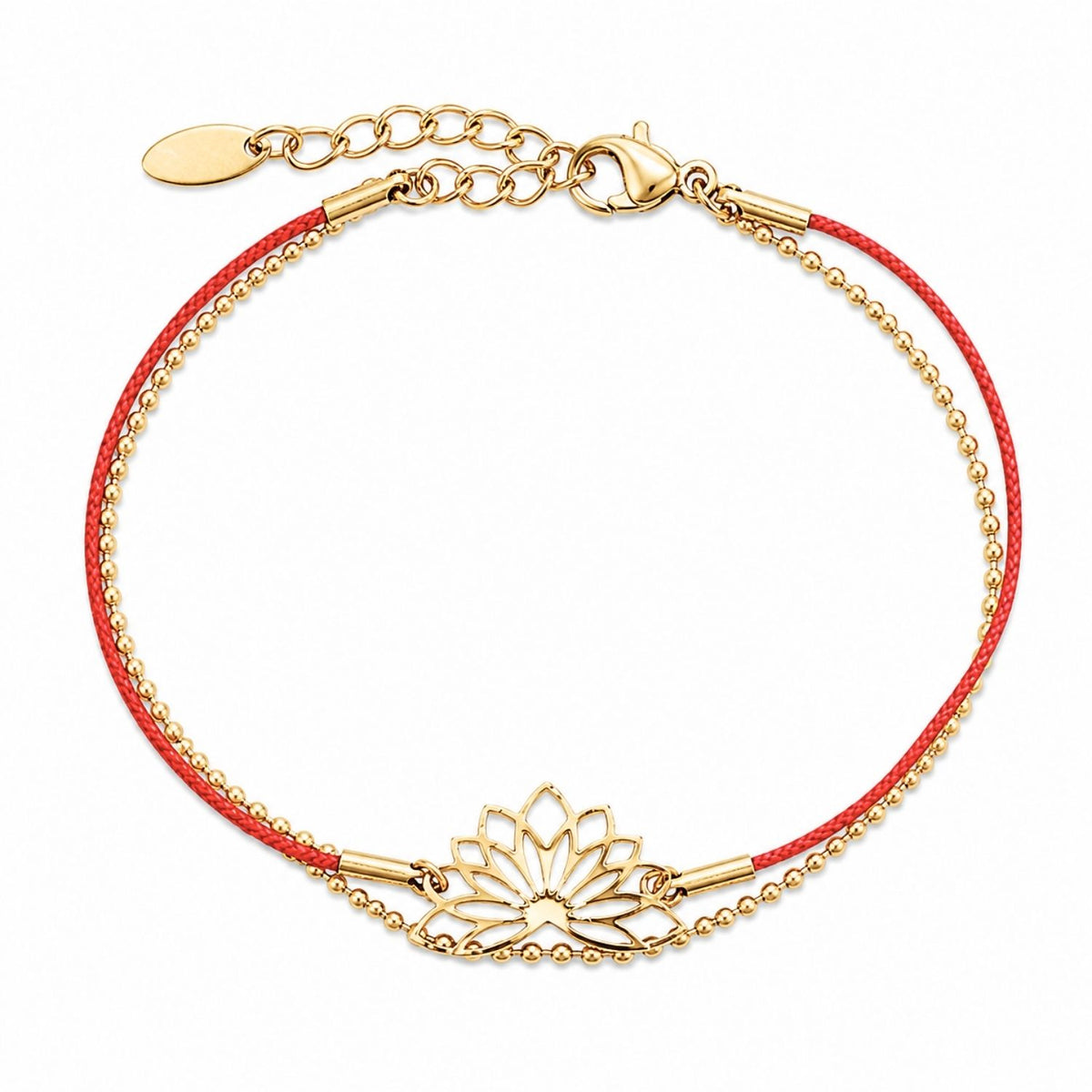 Bratara Placata cu Aur 14k Lotus cu Snur Rosu si Bile