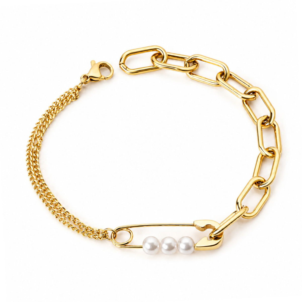 Bratara Placata cu Aur 14k Zale Paperclip si Perle
