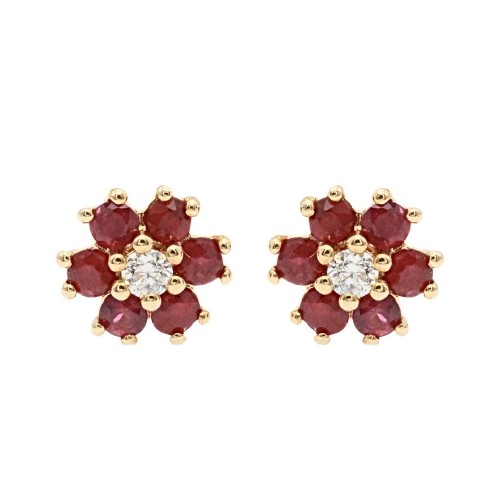 Cercei Aur 14k Floare cu Diamante 0.040 ct si Rubine 0.32ct