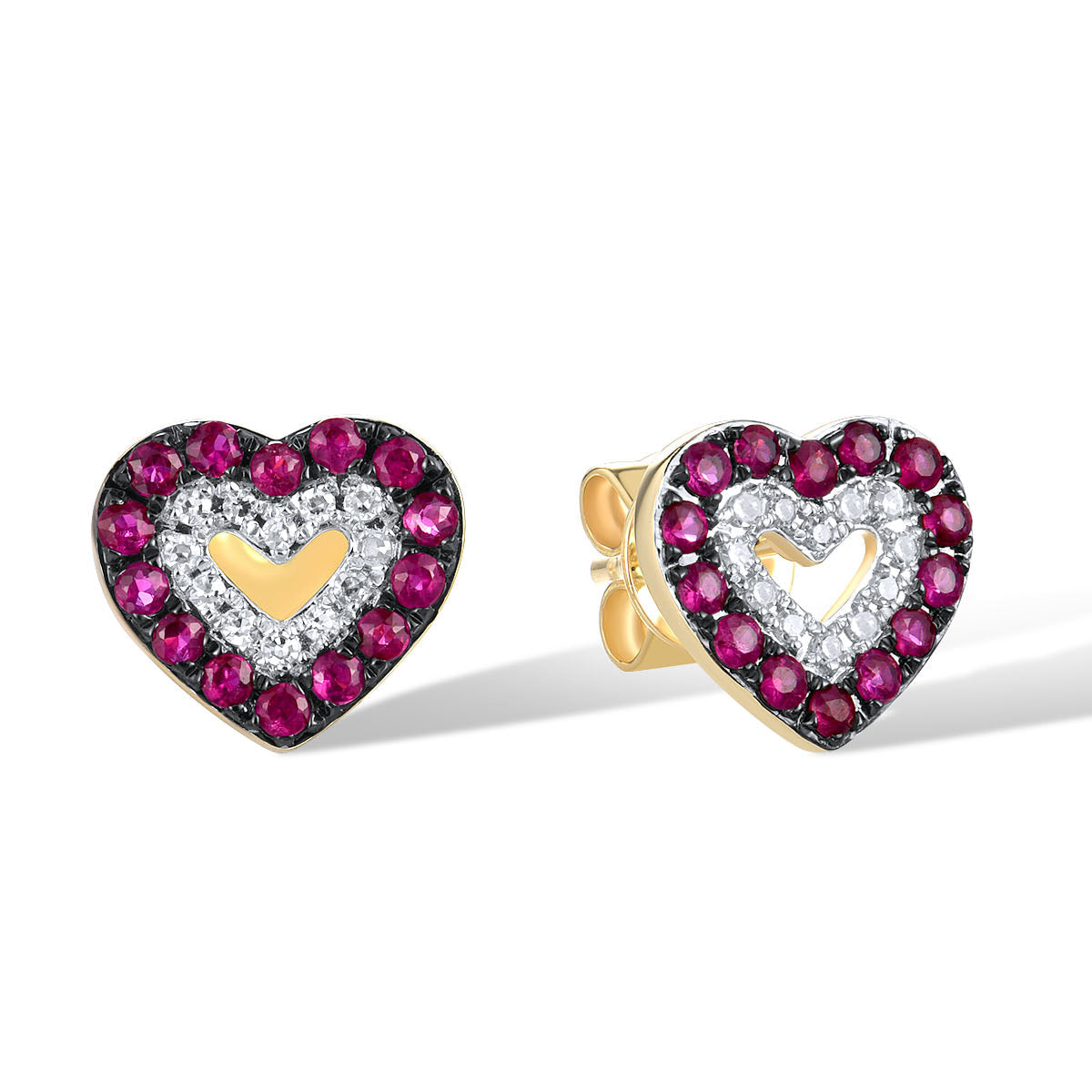 Cercei Aur 14k Inima cu Diamante 0.065ct si Rubin 0.260ct