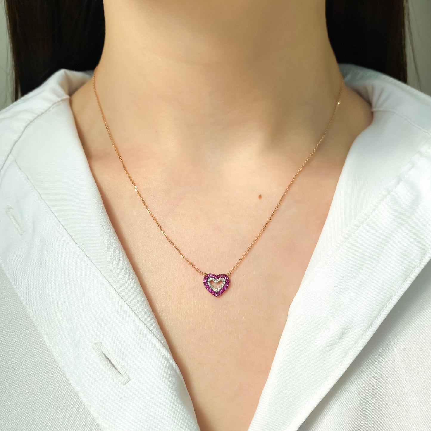 Lant Aur 14k Inima cu Diamante 0.044ct si Rubine 0.174ct