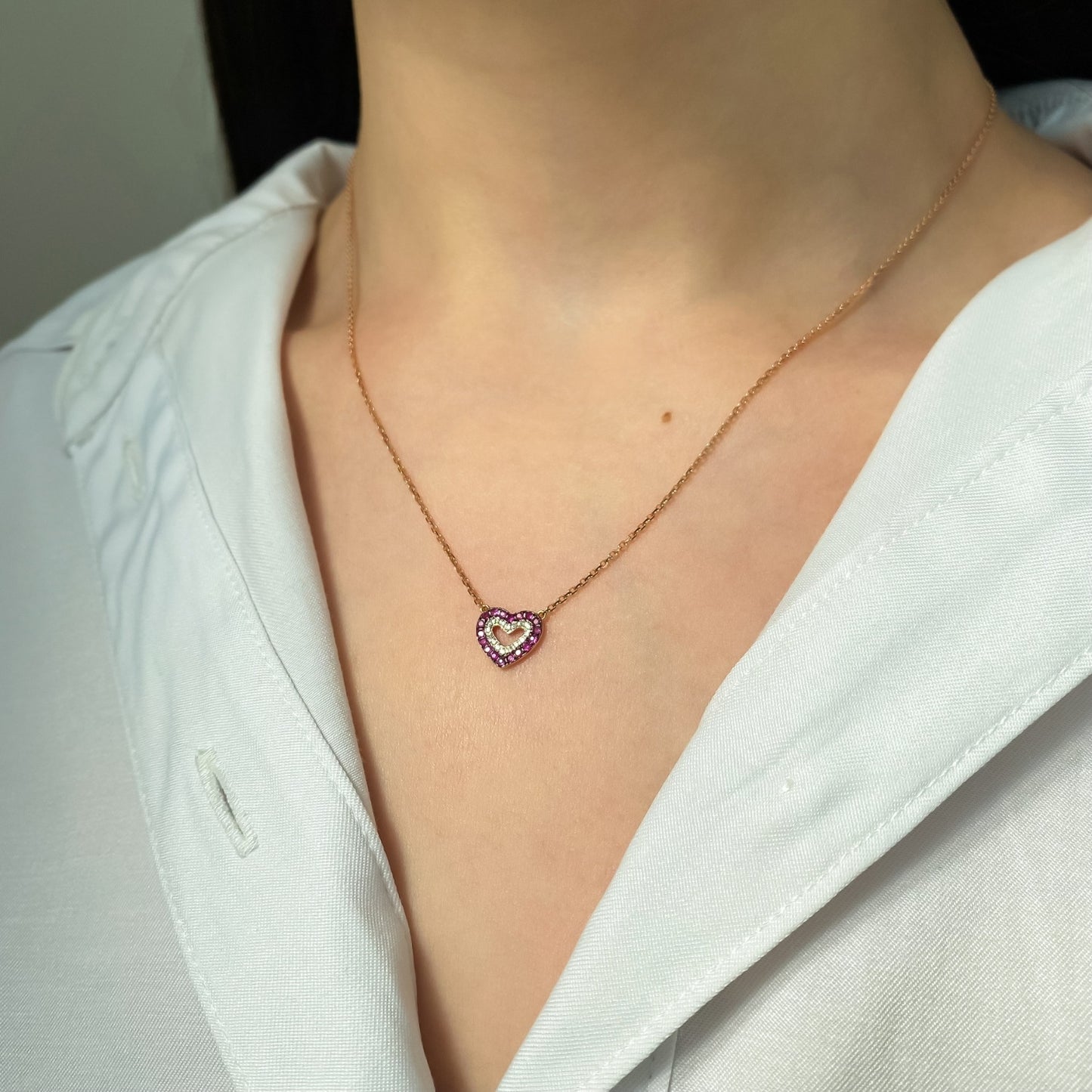 Lant Aur 14k Inima cu Diamante 0.044ct si Rubine 0.174ct