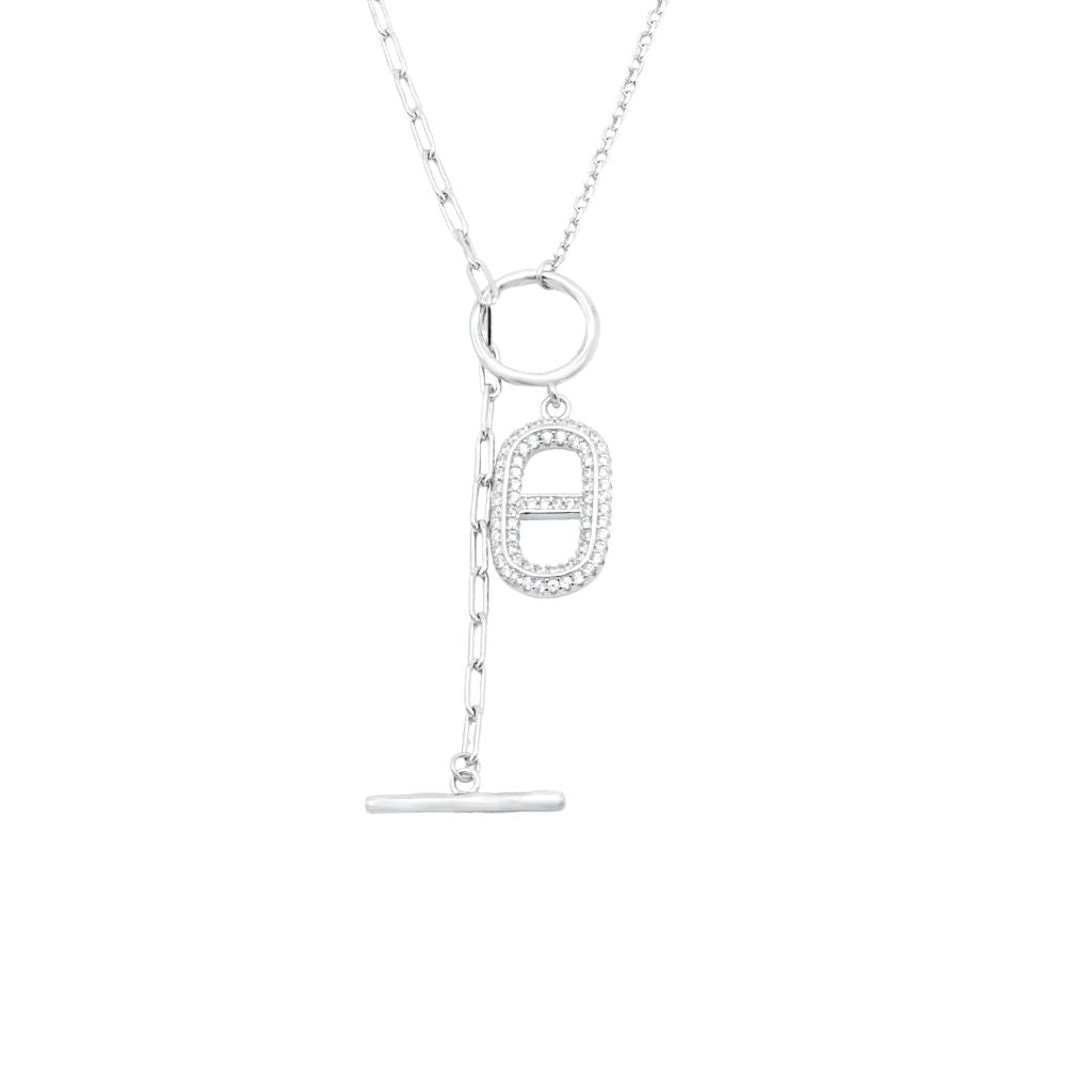 Lant Argint T-Bar cu Pietre Zirconia Albe