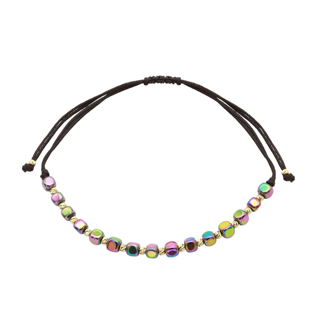 Bratara Snur cu Bile de Aur 14k si Hematit Cubic Multicolor 4 mm