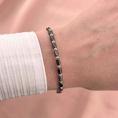 Bratara Snur Gri cu Bile de Aur 14k si Hematit 3mm