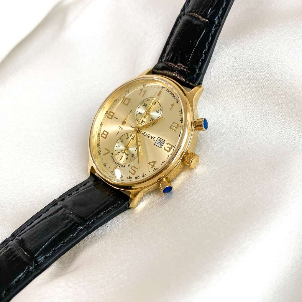 Ceas Aur 14k Geneve Barbati Curea Neagra
