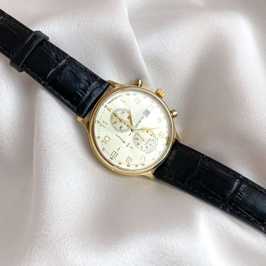 Ceas Aur 14k Geneve Barbati Curea Neagra