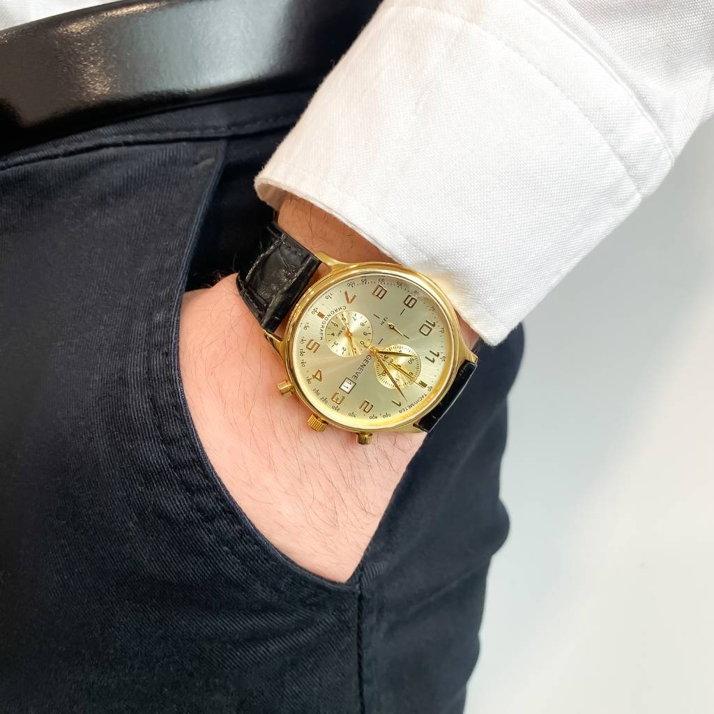 Ceas Aur 14k Geneve Barbati Curea Neagra