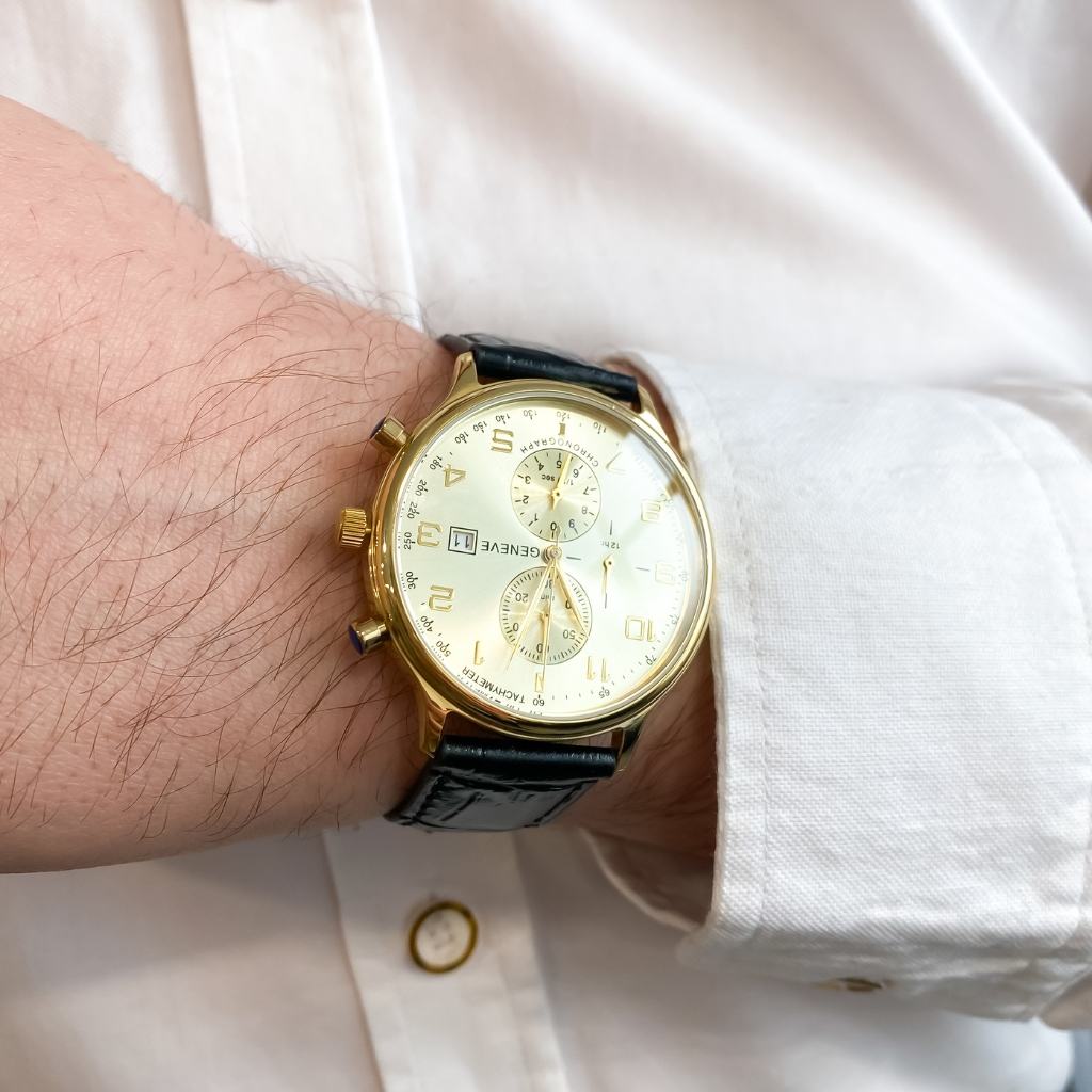 Ceas Aur 14k Geneve Barbati Curea Neagra