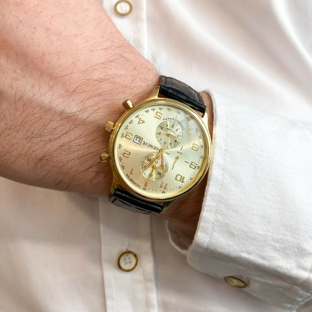 Ceas Aur 14k Geneve Barbati Curea Neagra