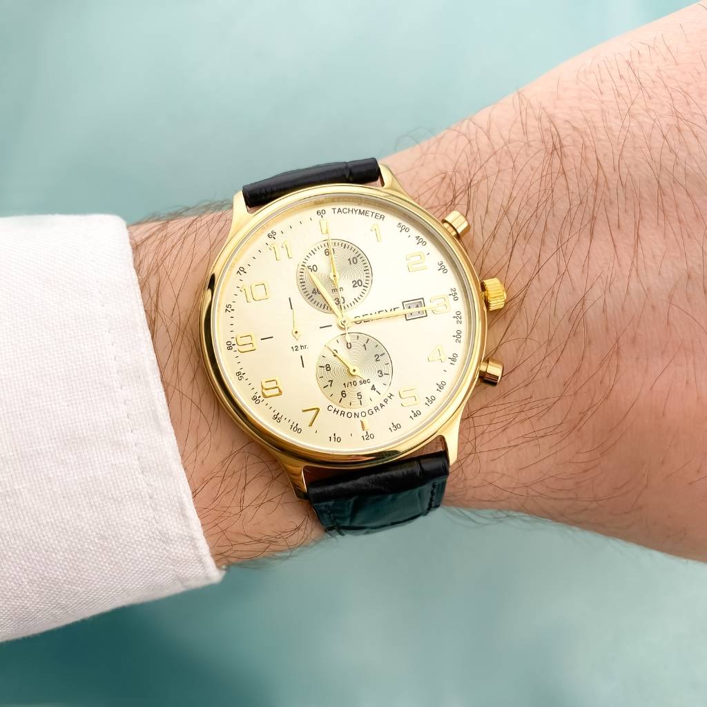 Ceas Aur 14k Geneve Barbati Curea Neagra