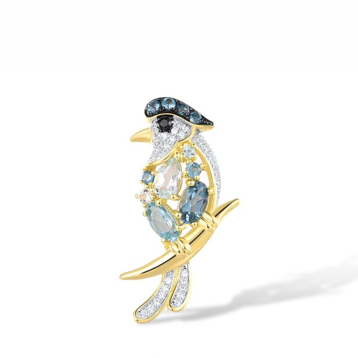Pandantiv Aur 14k Papagal cu Diamante 0.103ct si Topaz